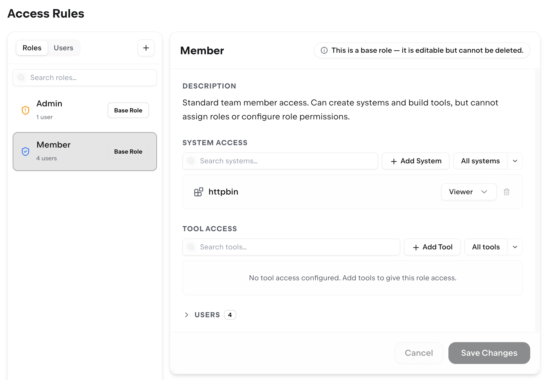 Access Rules showing Member role system and tool access