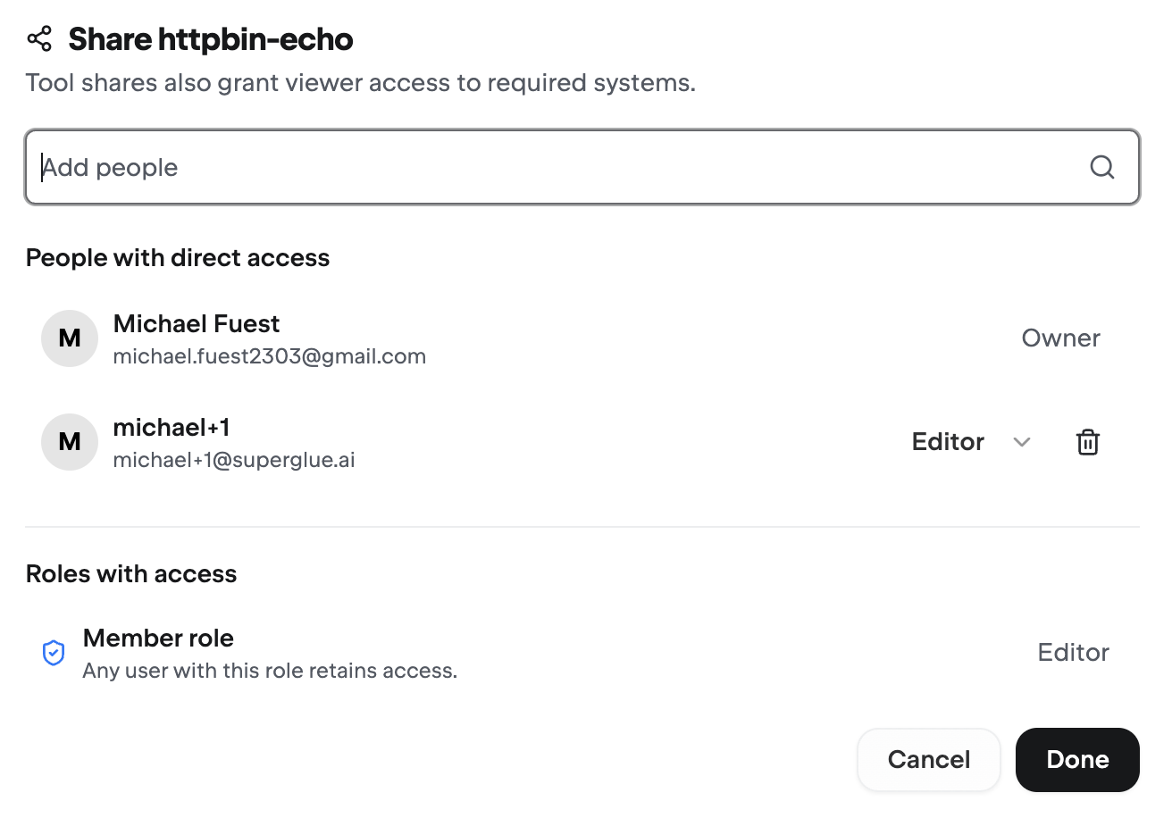 Share dialog showing direct access and role access