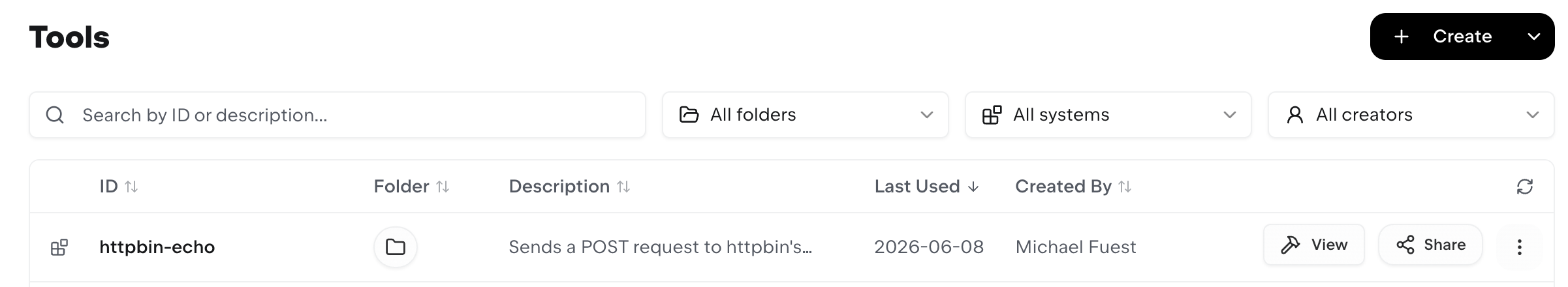 Tools list with Share action