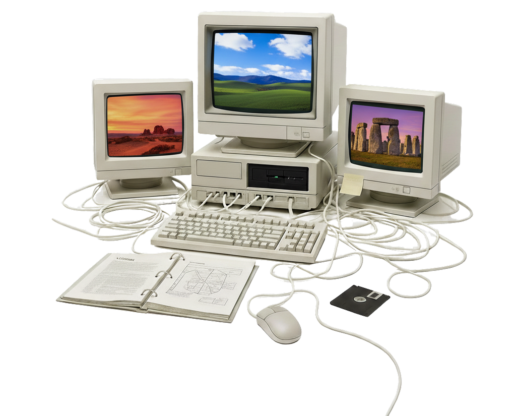 Vintage computers interconnected with cables